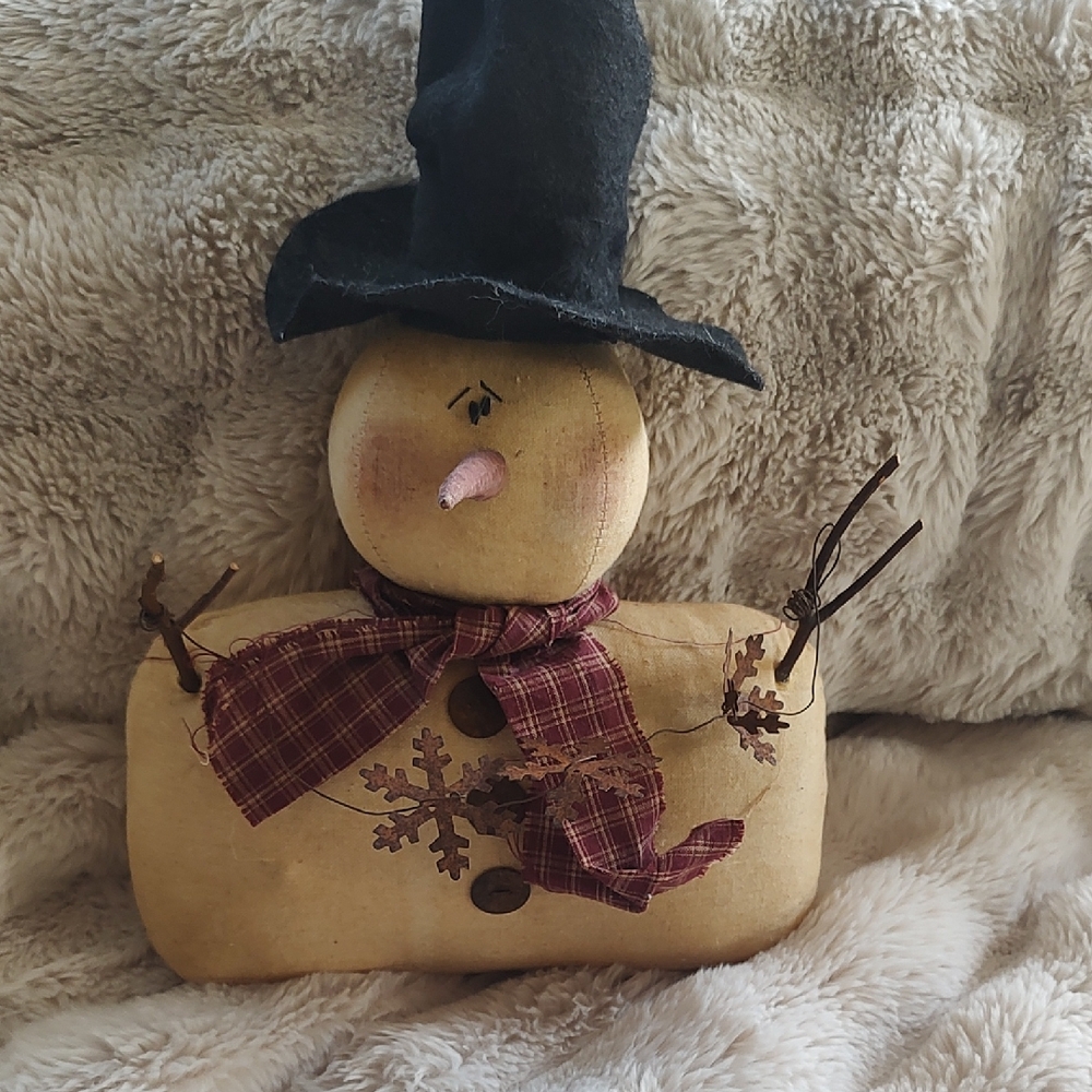Rustic Snowman Holiday Decor with Black Hat and Plaid Scarf